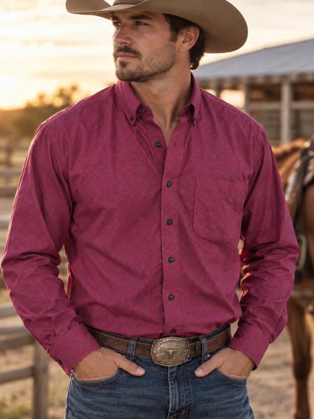 Resistol Ranch Cowboy Cut Western Dress Shirt Small Pink Print Long Sleeve
